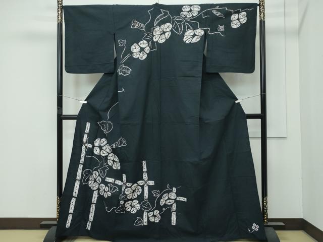 平和屋着物∴極上 夏物 浴衣 訪問着 有松鳴海絞り 朝顔 黒緑色地 綿 逸品 CZAA4729s6
