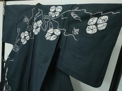 平和屋着物∴極上 夏物 浴衣 訪問着 有松鳴海絞り 朝顔 黒緑色地 綿 逸品 CZAA4729s6