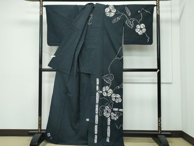 平和屋着物∴極上 夏物 浴衣 訪問着 有松鳴海絞り 朝顔 黒緑色地