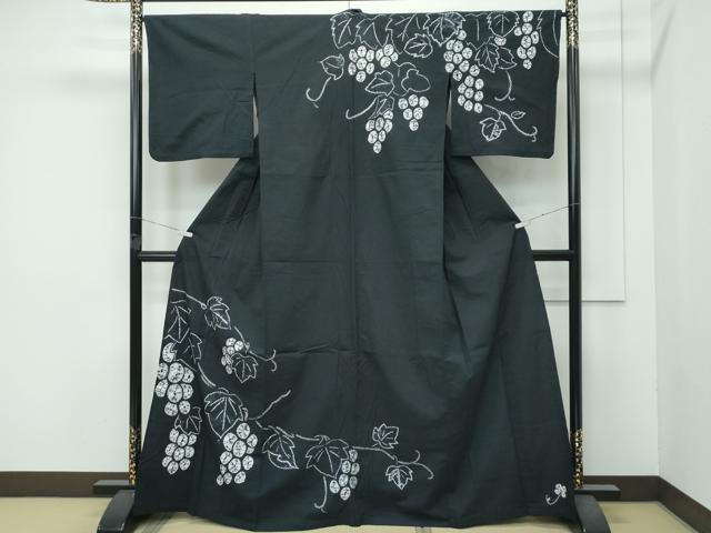 平和屋着物∴極上　夏物　浴衣　訪問着　有松鳴海絞り　葡萄蔦の葉文　黒地　綿　逸品　CZAA4730s6