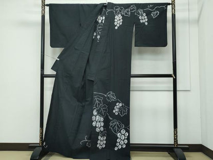 平和屋着物∴極上　夏物　浴衣　訪問着　有松鳴海絞り　葡萄蔦の葉文　黒地　綿　逸品　CZAA4730s6