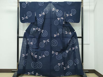 平和屋着物∴極上 夏物 浴衣 有松鳴海絞り 渦巻 トンボ 藍鉄色地 綿 逸品 未使用 CZAA4731s6