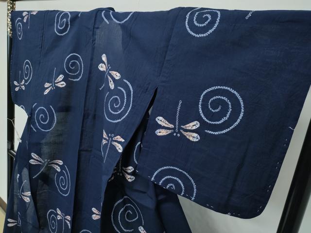 平和屋着物∴極上 夏物 浴衣 有松鳴海絞り 渦巻 トンボ 藍鉄色地 綿 逸品 未使用 CZAA4731s6