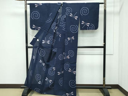 平和屋着物∴極上 夏物 浴衣 有松鳴海絞り 渦巻 トンボ 藍鉄色地 綿 逸品 未使用 CZAA4731s6