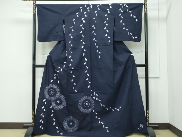 平和屋着物∴極上 夏物 浴衣 訪問着 有松鳴海絞り 草花文 濃紺地 綿 逸品 CZAA4734s6