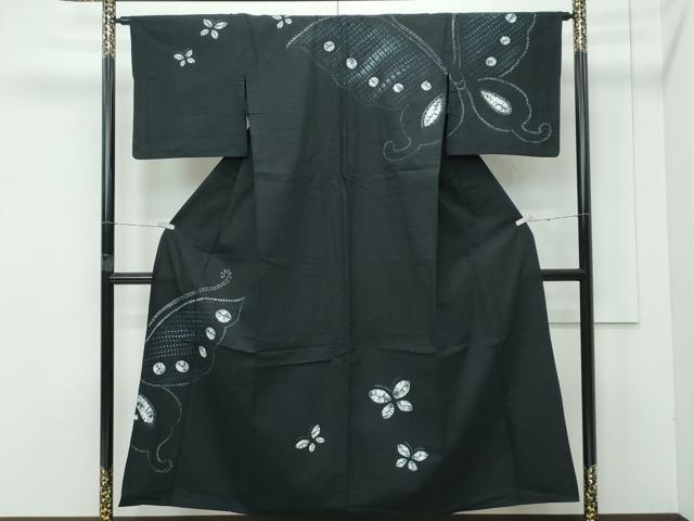 平和屋着物∴極上　夏物　浴衣　訪問着　有松鳴海絞り　舞蝶文　濃紺地　綿　逸品　CZAA4747s6