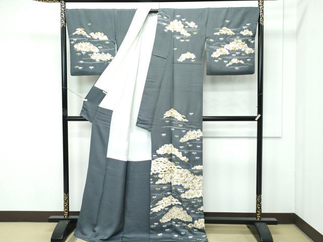 平和屋本店●極上　訪問着　総手刺繍　松竹梅菊桐文　金糸　墨色地　逸品　CZAA4759s6