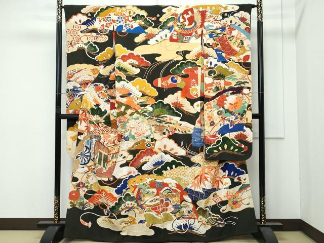 平和屋着物●極上　アンティーク　大正ロマン　振袖　駒刺繍　檜扇御所車花松文　黒地　金彩　逸品　CZAA4768s6