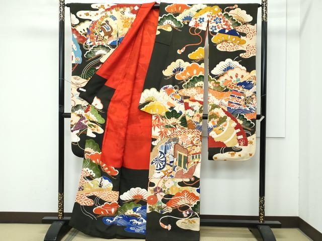 平和屋着物●極上　アンティーク　大正ロマン　振袖　駒刺繍　檜扇御所車花松文　黒地　金彩　逸品　CZAA4768s6