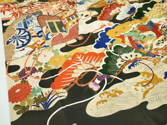 平和屋着物●極上　アンティーク　大正ロマン　振袖　駒刺繍　檜扇御所車花松文　黒地　金彩　逸品　CZAA4768s6