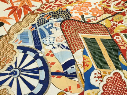平和屋着物●極上　アンティーク　大正ロマン　振袖　駒刺繍　檜扇御所車花松文　黒地　金彩　逸品　CZAA4768s6