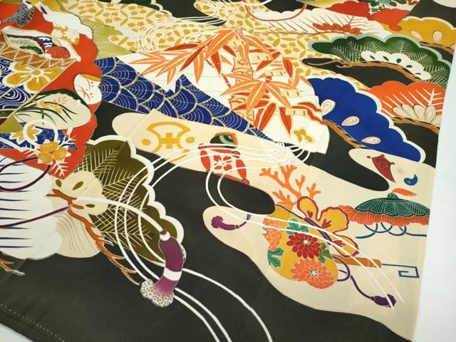 平和屋着物●極上　アンティーク　大正ロマン　振袖　駒刺繍　檜扇御所車花松文　黒地　金彩　逸品　CZAA4768s6