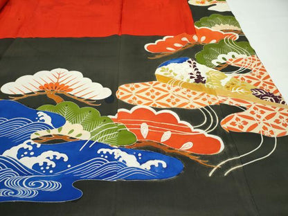 平和屋着物●極上　アンティーク　大正ロマン　振袖　駒刺繍　檜扇御所車花松文　黒地　金彩　逸品　CZAA4768s6