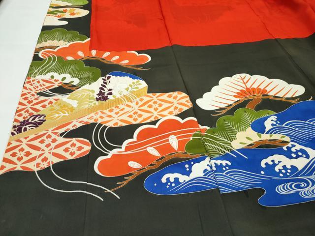 平和屋着物●極上　アンティーク　大正ロマン　振袖　駒刺繍　檜扇御所車花松文　黒地　金彩　逸品　CZAA4768s6