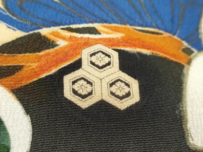 平和屋着物●極上　アンティーク　大正ロマン　振袖　駒刺繍　檜扇御所車花松文　黒地　金彩　逸品　CZAA4768s6