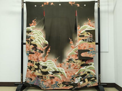 平和屋着物●極上　アンティーク　大正ロマン　振袖　刺繍　松竹梅　暈し染め　黒地　逸品　CZAA4770s6