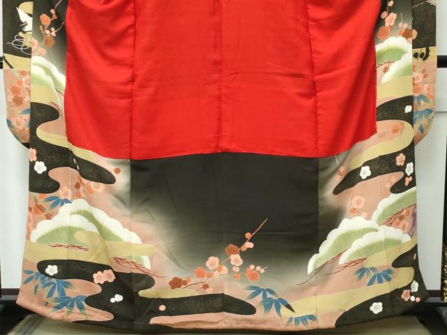 平和屋着物●極上　アンティーク　大正ロマン　振袖　刺繍　松竹梅　暈し染め　黒地　逸品　CZAA4770s6