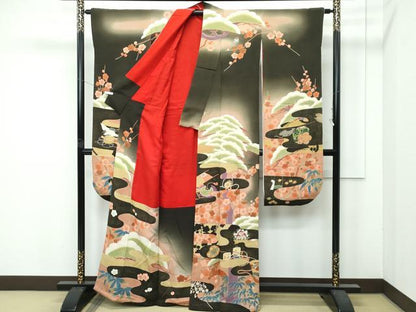 平和屋着物●極上　アンティーク　大正ロマン　振袖　刺繍　松竹梅　暈し染め　黒地　逸品　CZAA4770s6