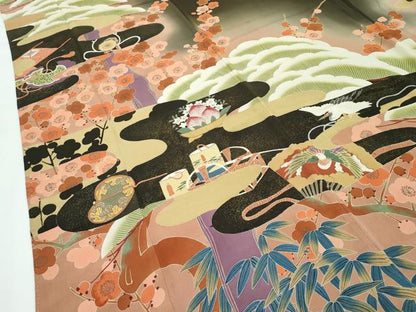 平和屋着物●極上　アンティーク　大正ロマン　振袖　刺繍　松竹梅　暈し染め　黒地　逸品　CZAA4770s6