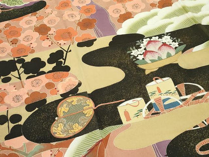 平和屋着物●極上　アンティーク　大正ロマン　振袖　刺繍　松竹梅　暈し染め　黒地　逸品　CZAA4770s6
