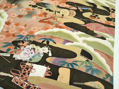 平和屋着物●極上　アンティーク　大正ロマン　振袖　刺繍　松竹梅　暈し染め　黒地　逸品　CZAA4770s6