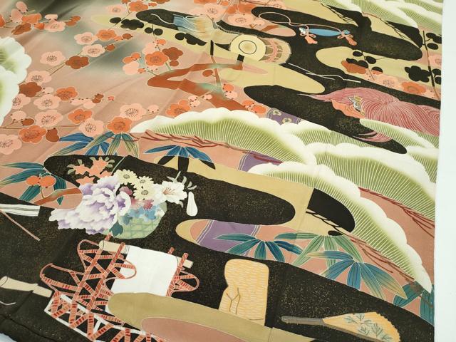 平和屋着物●極上　アンティーク　大正ロマン　振袖　刺繍　松竹梅　暈し染め　黒地　逸品　CZAA4770s6
