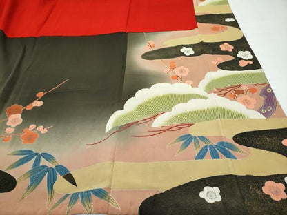 平和屋着物●極上　アンティーク　大正ロマン　振袖　刺繍　松竹梅　暈し染め　黒地　逸品　CZAA4770s6