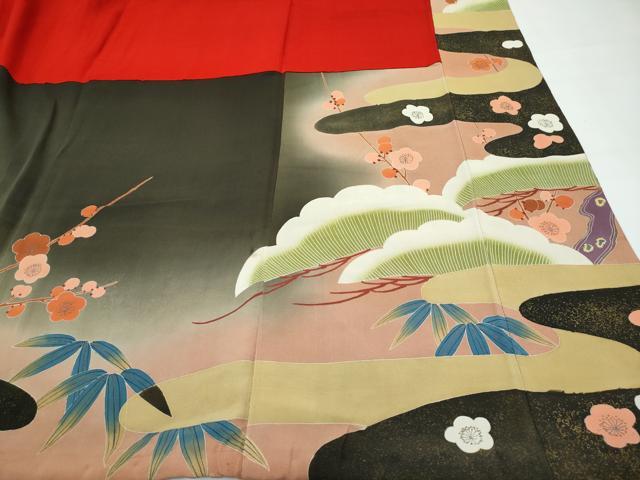 平和屋着物●極上　アンティーク　大正ロマン　振袖　刺繍　松竹梅　暈し染め　黒地　逸品　CZAA4770s6