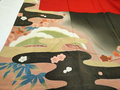 平和屋着物●極上　アンティーク　大正ロマン　振袖　刺繍　松竹梅　暈し染め　黒地　逸品　CZAA4770s6