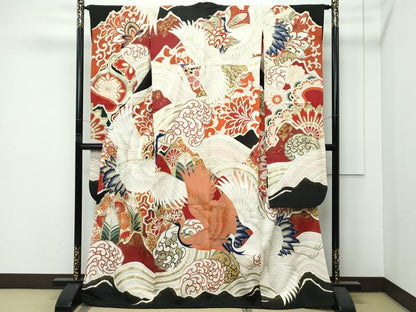 平和屋本店●極上　アンティーク　大正ロマン　振袖　駒刺繍　立波飛鶴花文　黒地　金彩　逸品　CZAA4771s6