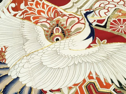 平和屋本店●極上　アンティーク　大正ロマン　振袖　駒刺繍　立波飛鶴花文　黒地　金彩　逸品　CZAA4771s6