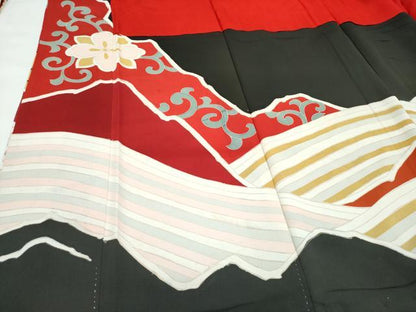 平和屋本店●極上　アンティーク　大正ロマン　振袖　駒刺繍　立波飛鶴花文　黒地　金彩　逸品　CZAA4771s6
