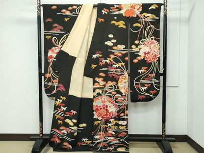 平和屋着物●極上　アンティーク　大正ロマン　振袖　駒刺繍　松竹梅草花文　黒地　金彩　逸品　CZAA4772s6