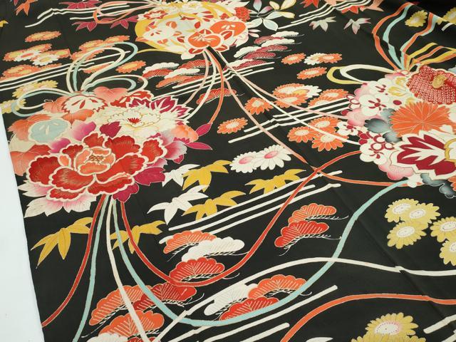 平和屋着物●極上　アンティーク　大正ロマン　振袖　駒刺繍　松竹梅草花文　黒地　金彩　逸品　CZAA4772s6
