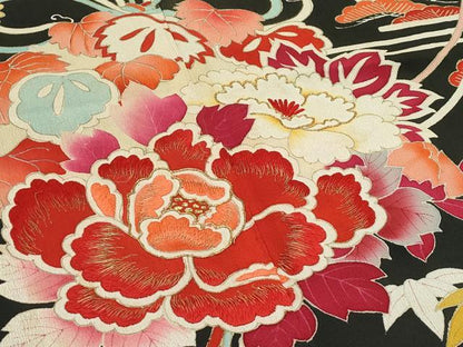 平和屋着物●極上　アンティーク　大正ロマン　振袖　駒刺繍　松竹梅草花文　黒地　金彩　逸品　CZAA4772s6