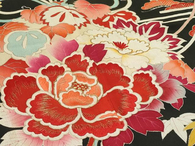 平和屋着物●極上　アンティーク　大正ロマン　振袖　駒刺繍　松竹梅草花文　黒地　金彩　逸品　CZAA4772s6
