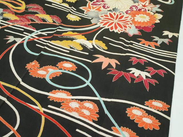 平和屋着物●極上　アンティーク　大正ロマン　振袖　駒刺繍　松竹梅草花文　黒地　金彩　逸品　CZAA4772s6
