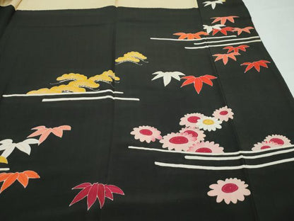 平和屋着物●極上　アンティーク　大正ロマン　振袖　駒刺繍　松竹梅草花文　黒地　金彩　逸品　CZAA4772s6
