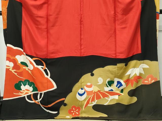 平和屋着物●極上　アンティーク　大正ロマン　振袖　駒刺繍　檜扇雪輪草花文　黒地　金彩　逸品　CZAA4773s6