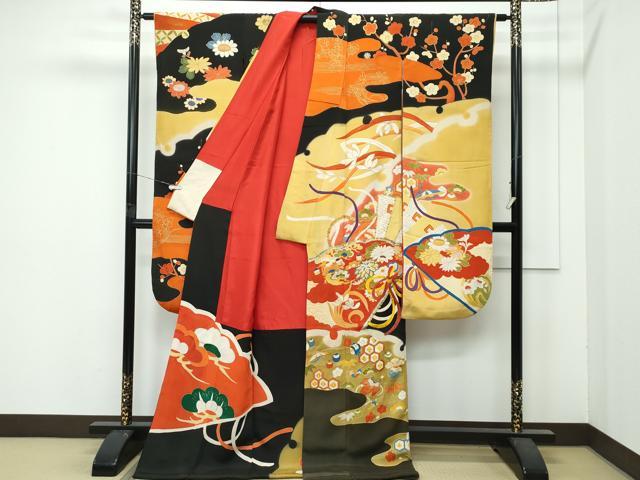 平和屋着物●極上　アンティーク　大正ロマン　振袖　駒刺繍　檜扇雪輪草花文　黒地　金彩　逸品　CZAA4773s6