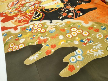 平和屋着物●極上　アンティーク　大正ロマン　振袖　駒刺繍　檜扇雪輪草花文　黒地　金彩　逸品　CZAA4773s6