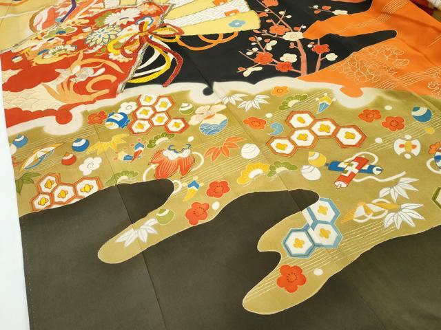 平和屋着物●極上　アンティーク　大正ロマン　振袖　駒刺繍　檜扇雪輪草花文　黒地　金彩　逸品　CZAA4773s6