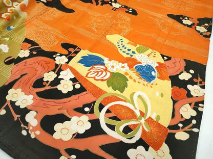 平和屋着物●極上　アンティーク　大正ロマン　振袖　駒刺繍　檜扇雪輪草花文　黒地　金彩　逸品　CZAA4773s6