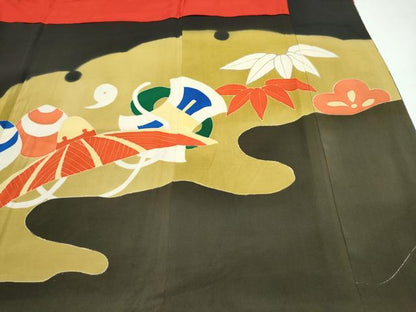 平和屋着物●極上　アンティーク　大正ロマン　振袖　駒刺繍　檜扇雪輪草花文　黒地　金彩　逸品　CZAA4773s6