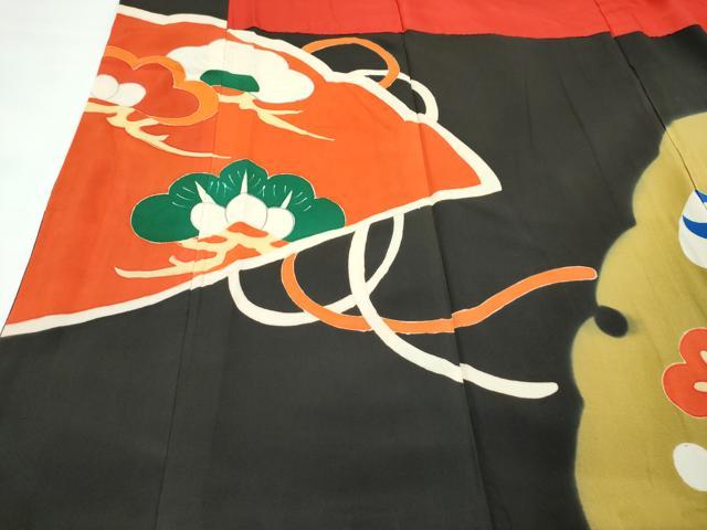 平和屋着物●極上　アンティーク　大正ロマン　振袖　駒刺繍　檜扇雪輪草花文　黒地　金彩　逸品　CZAA4773s6