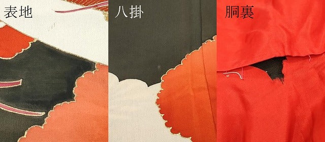 平和屋着物●極上　アンティーク　大正ロマン　振袖　駒刺繍　檜扇花松文　黒地　金彩　逸品　CZAA4774s6