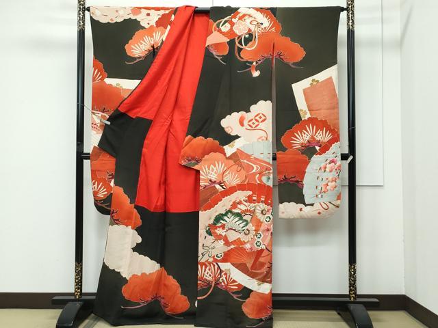 平和屋着物○極上 アンティーク 大正ロマン 振袖 駒刺繍 檜扇花松文 黒地