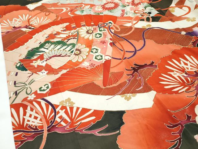 平和屋着物●極上　アンティーク　大正ロマン　振袖　駒刺繍　檜扇花松文　黒地　金彩　逸品　CZAA4774s6