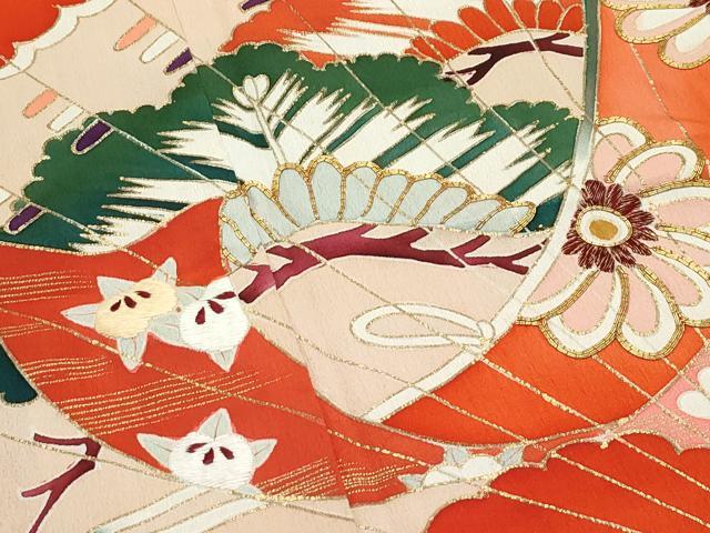 平和屋着物●極上　アンティーク　大正ロマン　振袖　駒刺繍　檜扇花松文　黒地　金彩　逸品　CZAA4774s6