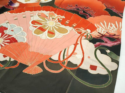 平和屋着物●極上　アンティーク　大正ロマン　振袖　駒刺繍　檜扇花松文　黒地　金彩　逸品　CZAA4774s6